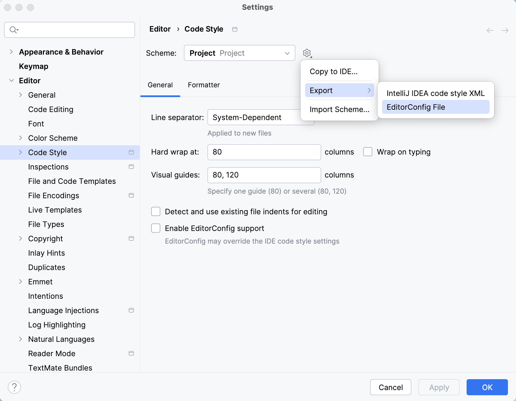 Exporting code style settings as .editorconfig file Exporting code style settings as .editorconfig file