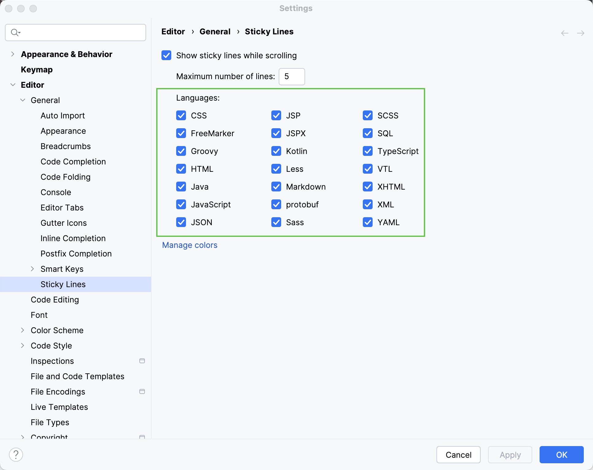 Disable sticky lines for specific language Disable sticky lines for specific language