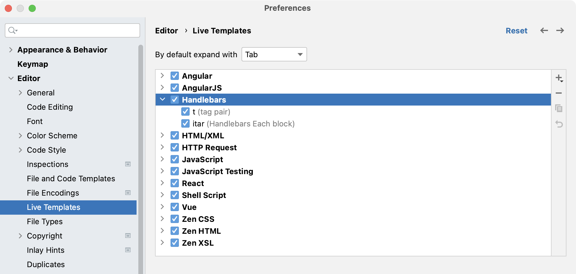 在 WebStorm IDE 中的 实时模板
