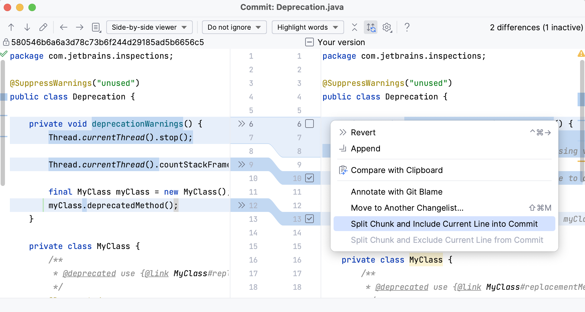 IntelliJ IDEA: An option to include the current line in commit in the context menu IntelliJ IDEA: An option to include the current line in commit in the context menu