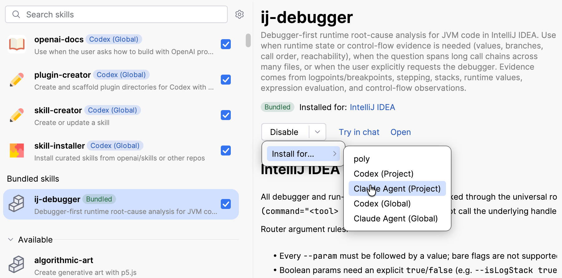 The menu that lists AI agents for installing the skill The menu that lists AI agents for installing the skill