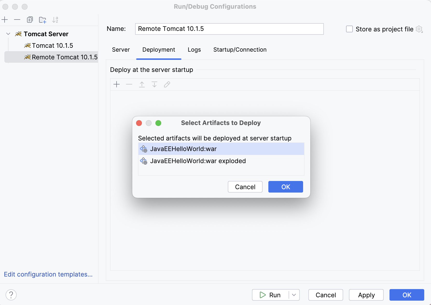 Remote Tomcat run configuration artifacts to deploy Remote Tomcat run configuration artifacts to deploy