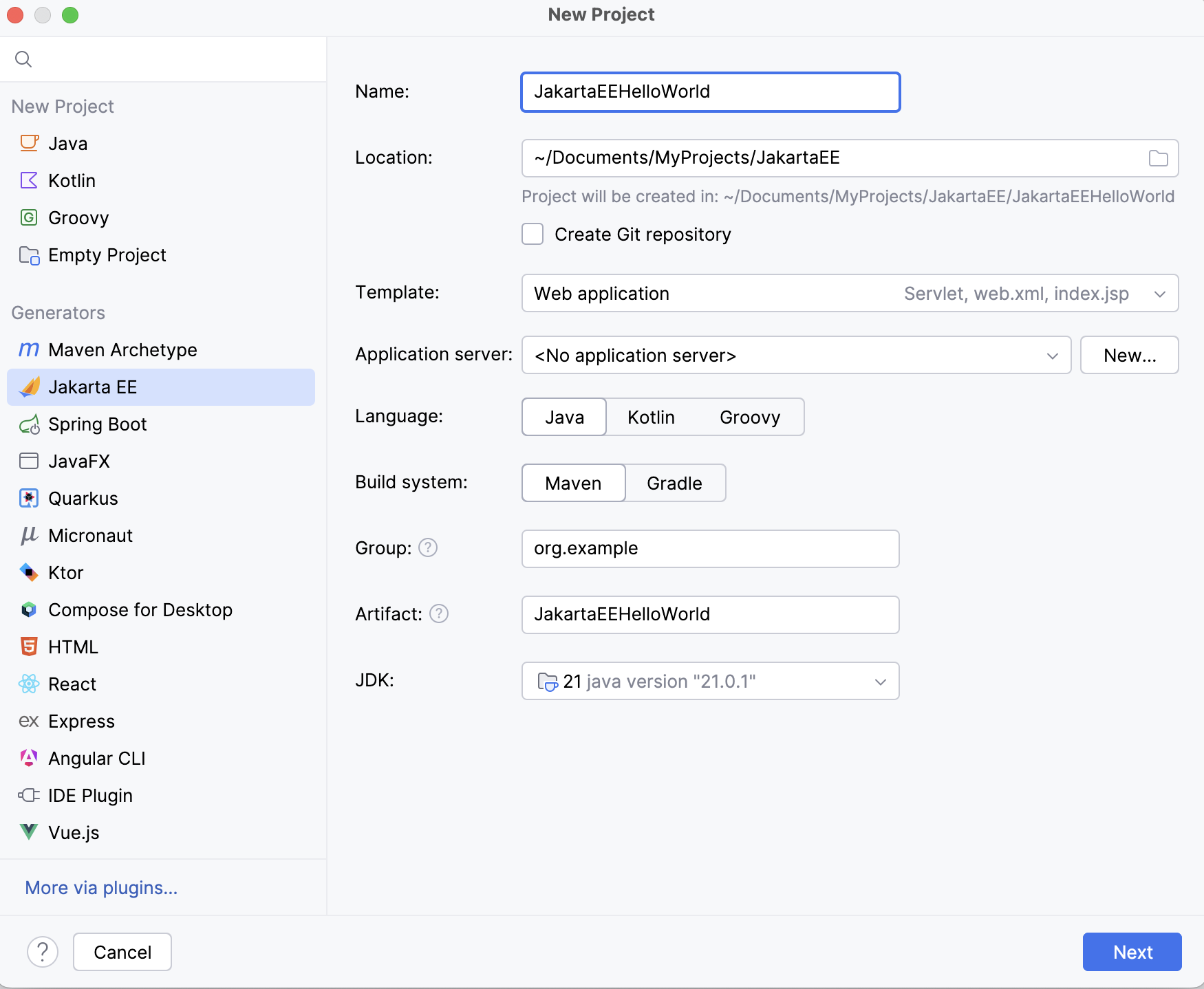 Creating a new Jakarta EE project Creating a new Jakarta EE project