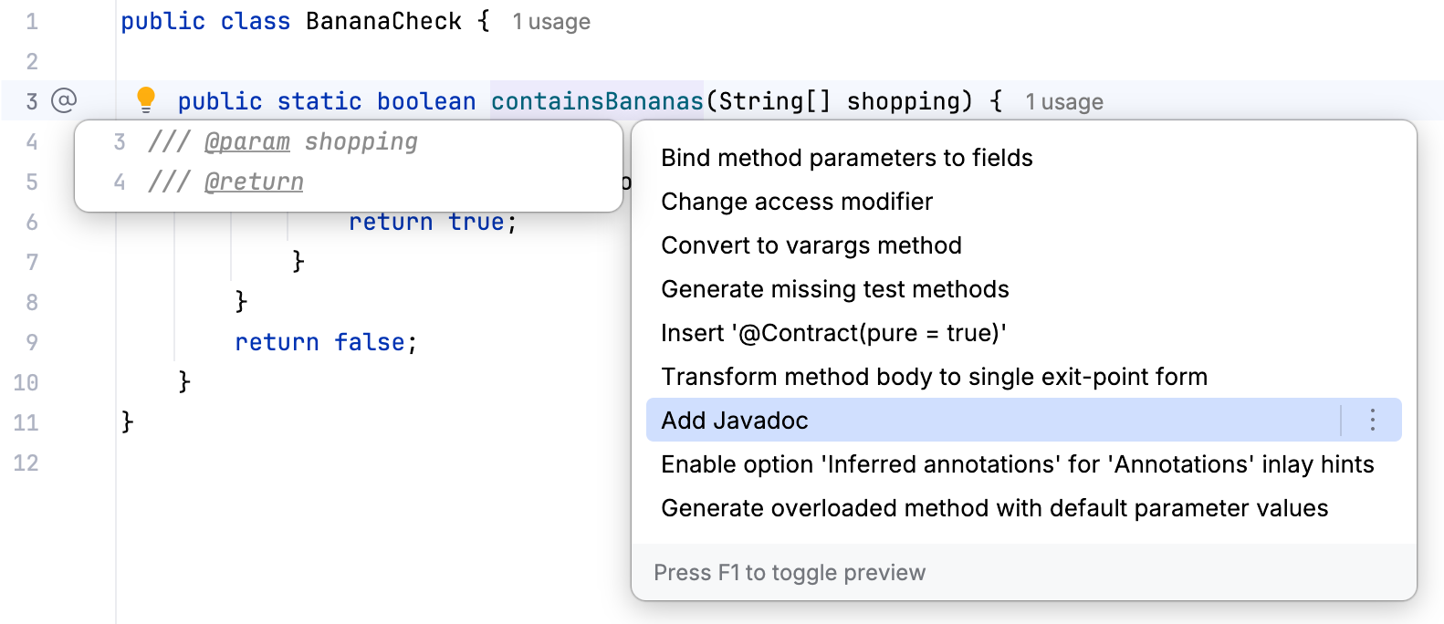Adding a Javadoc using the 'Add Javadoc' context action Adding a Javadoc using the 'Add Javadoc' context action