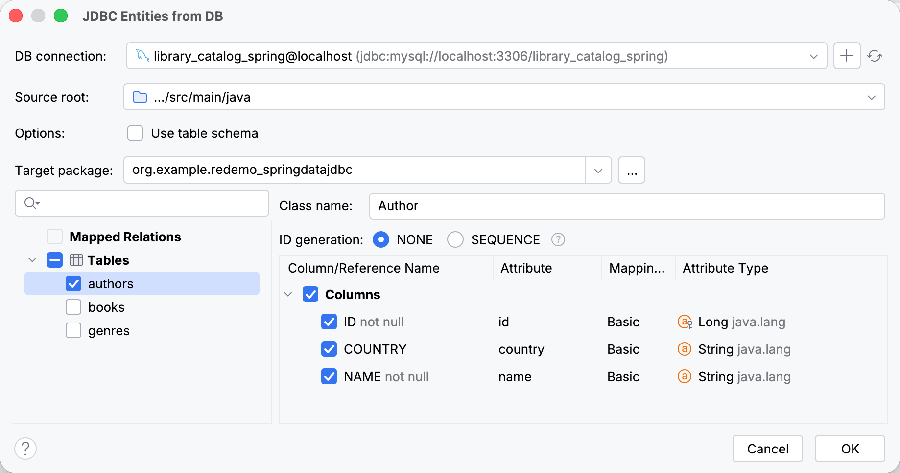 JDBC Entities from DB dialog