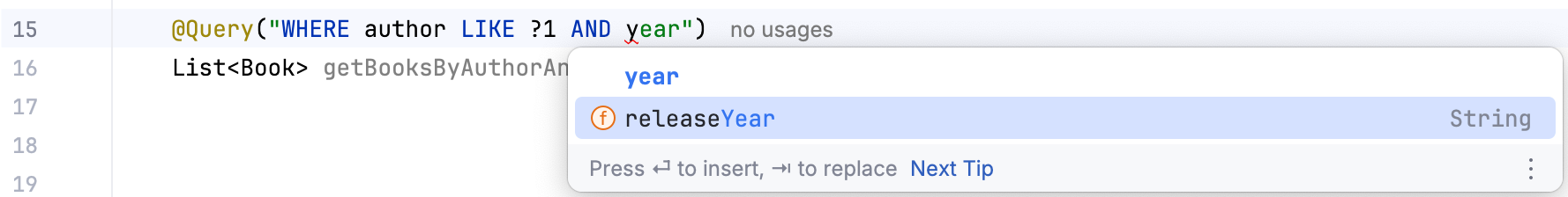releaseYear field gets suggested while writing a JDQL query releaseYear field gets suggested while writing a JDQL query