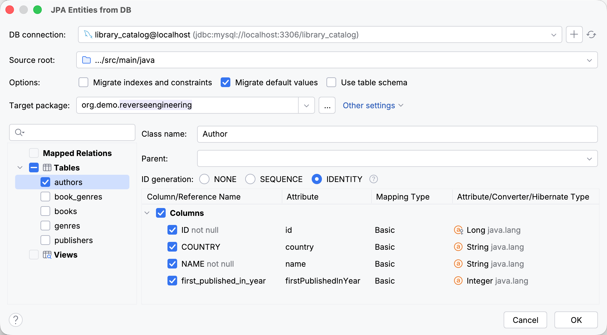 JPA Entities from DB dialog