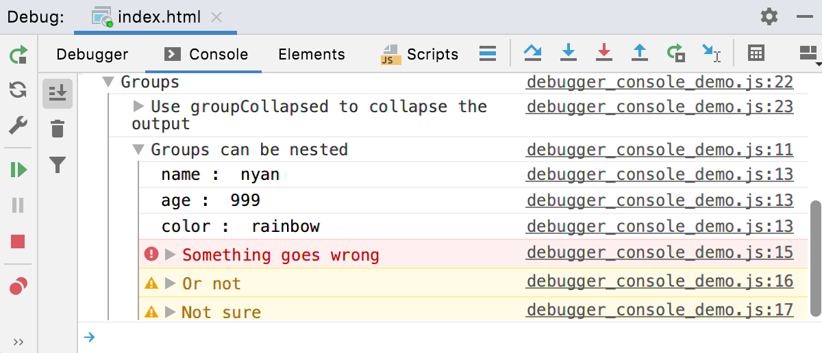 Node.js interactive debugger console: log messages grouped Node.js interactive debugger console: log messages grouped