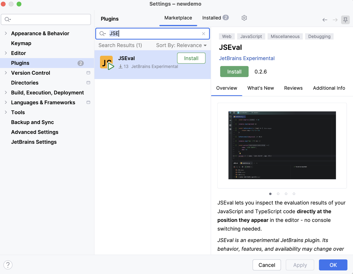 Install the JsEval plugin