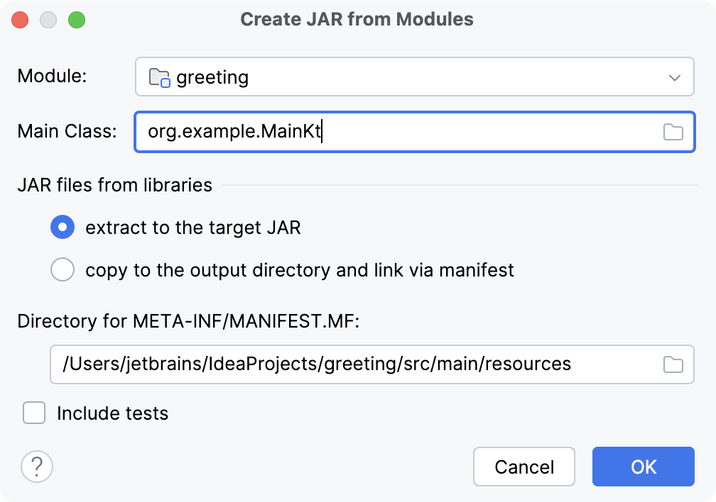 The Create JAR from Modules dialog The Create JAR from Modules dialog
