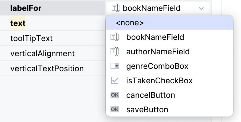 The labelFor field of a JLabel component The labelFor field of a JLabel component