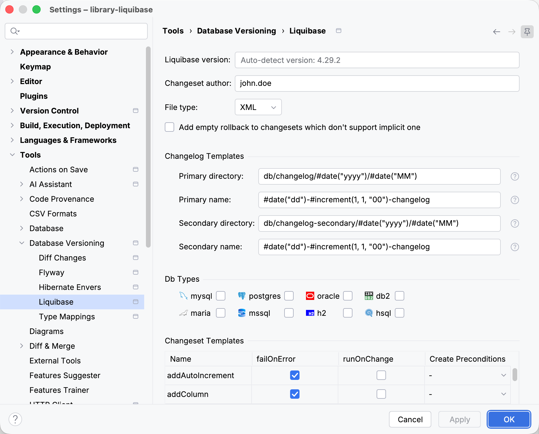 Liquibase plugin settings in the Settings dialog