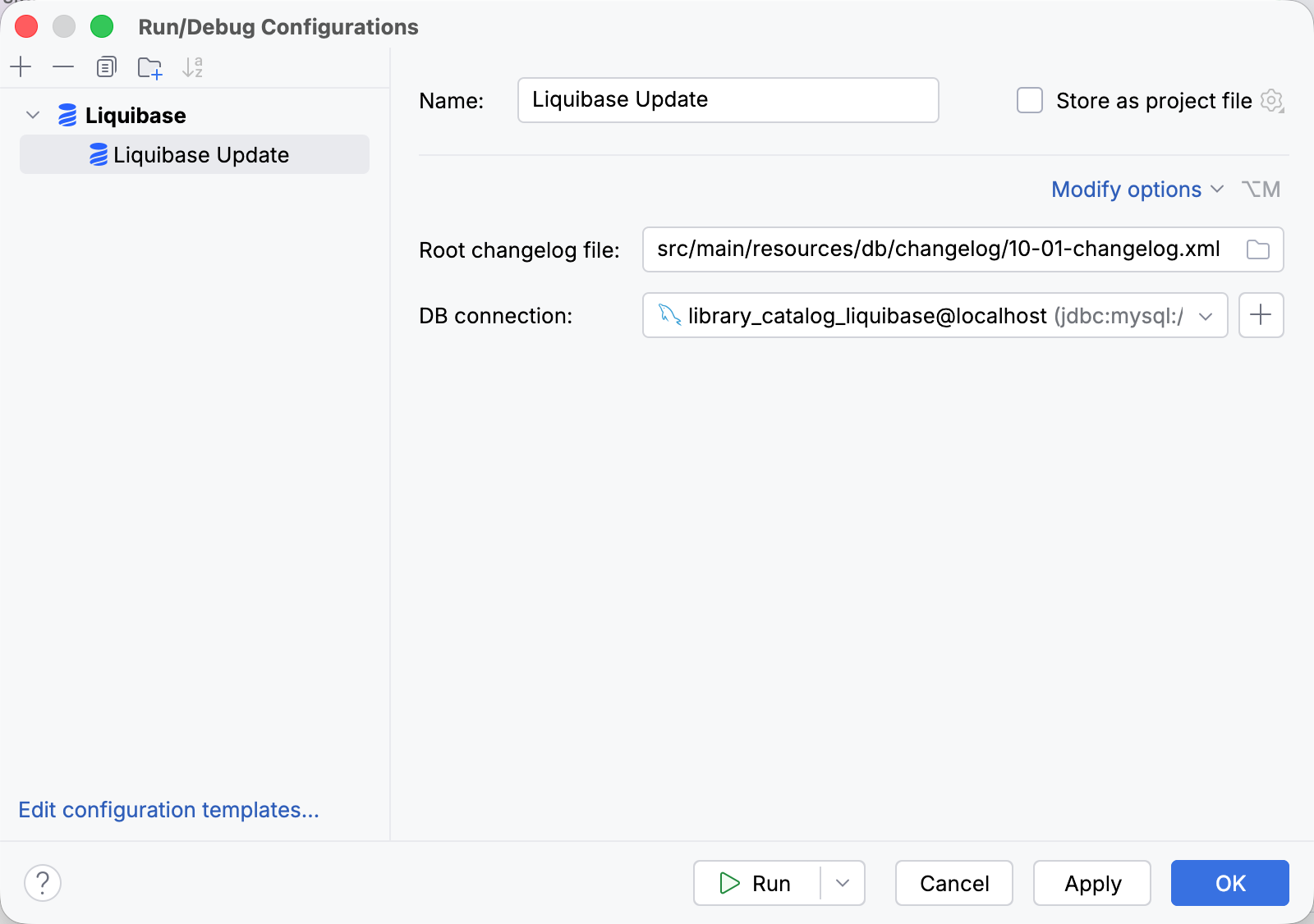 Liquibase run configuration options