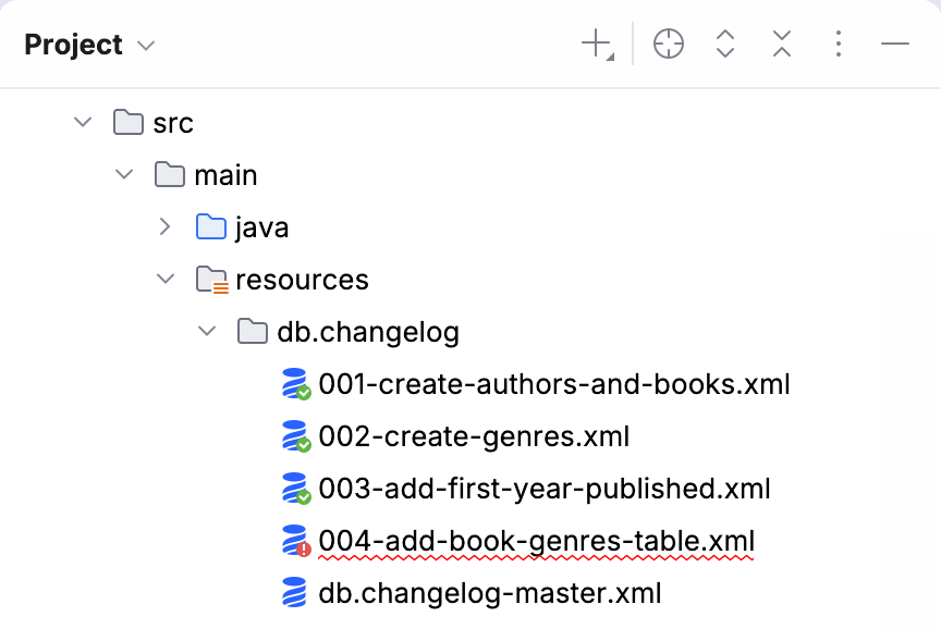 Liquibase icons in the Project tool window with a checkmark for applied migration, exclamation mark for a failed migration