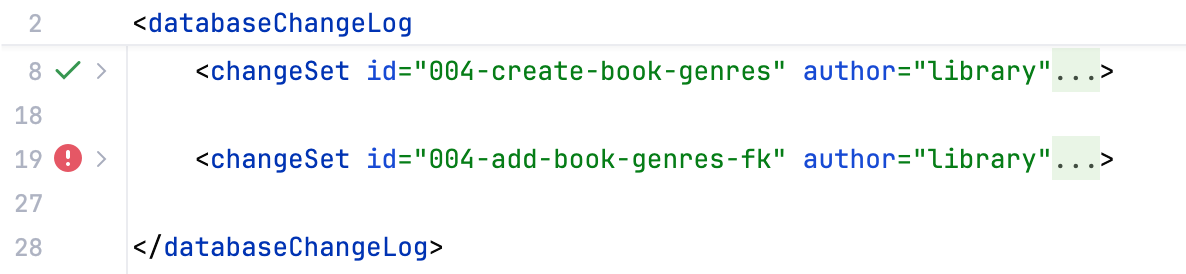 Status icons in the editor gutter of an opened changelog file