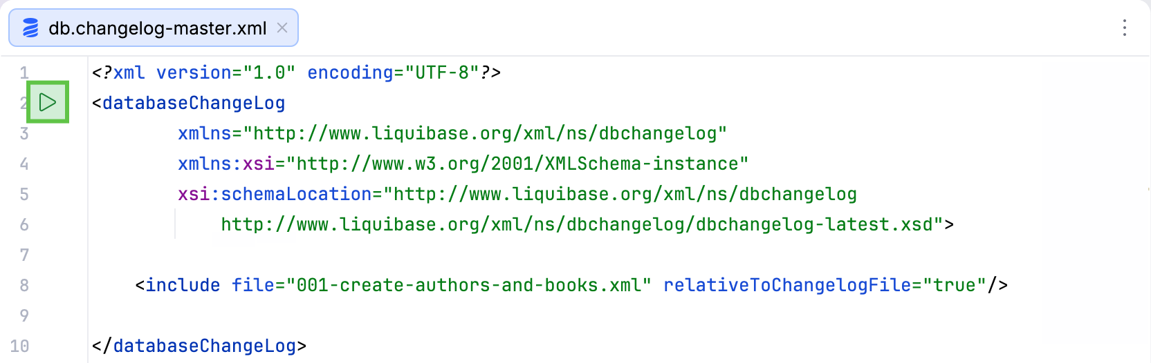 Location of the Run Liquibase Update icon in the gutter