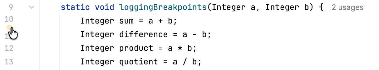 Logpoint icon appears when hovering between executable lines Logpoint icon appears when hovering between executable lines