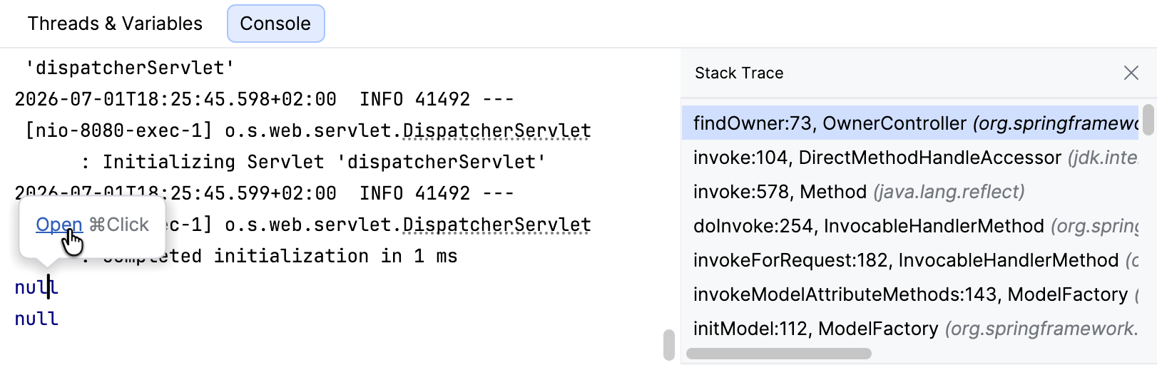 A popup appears on clicking a debug log entry, saying 'Open' A popup appears on clicking a debug log entry, saying 'Open'