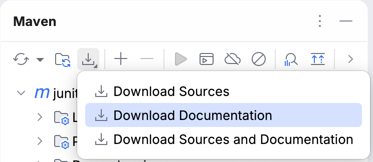 Location of the Download Documentation button in the Maven tool window Location of the Download Documentation button in the Maven tool window