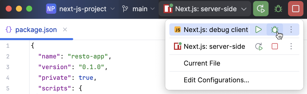 Start a debugging session — select the JavaScript Debug run configuration Start a debugging session — select the JavaScript Debug run configuration