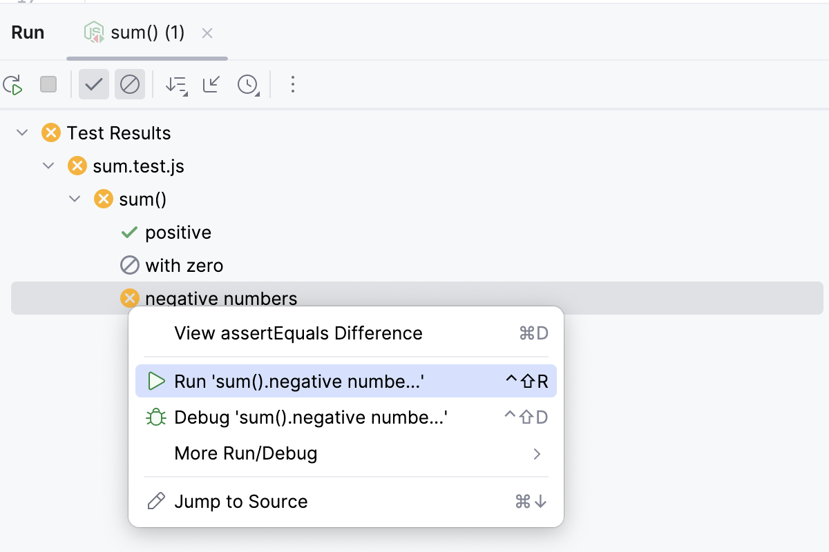 Rerun a single test from the Run tool window Rerun a single test from the Run tool window