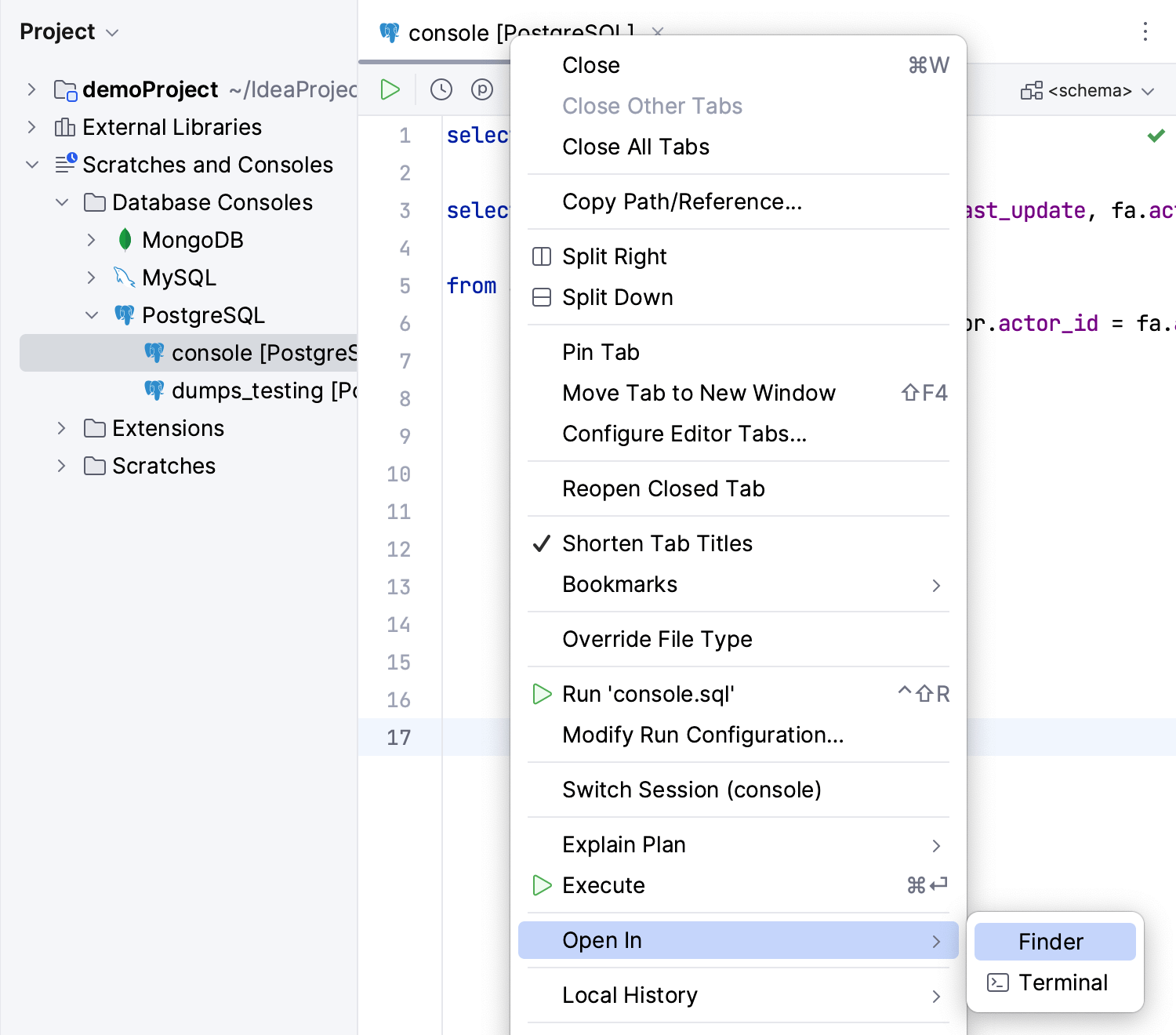 Open a query console in the file browser Open a query console in the file browser