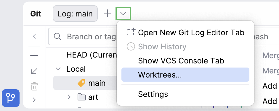 The Git tool window with an option to open the Worktrees tab The Git tool window with an option to open the Worktrees tab