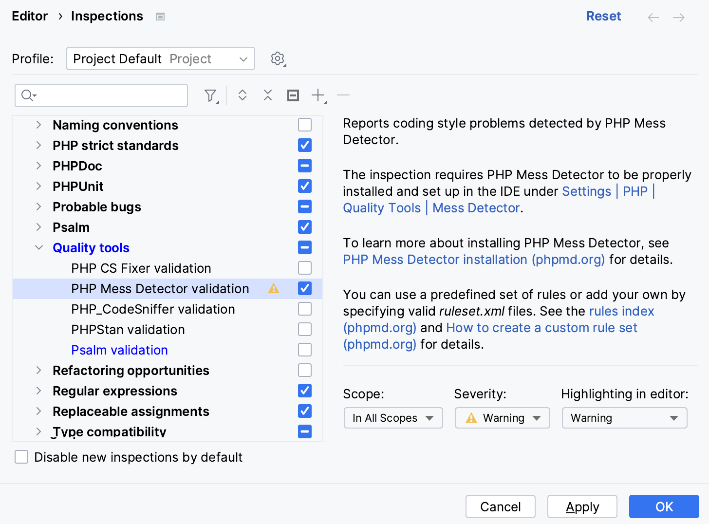 Select PHP Mess Detector validation checkbox Select PHP Mess Detector validation checkbox