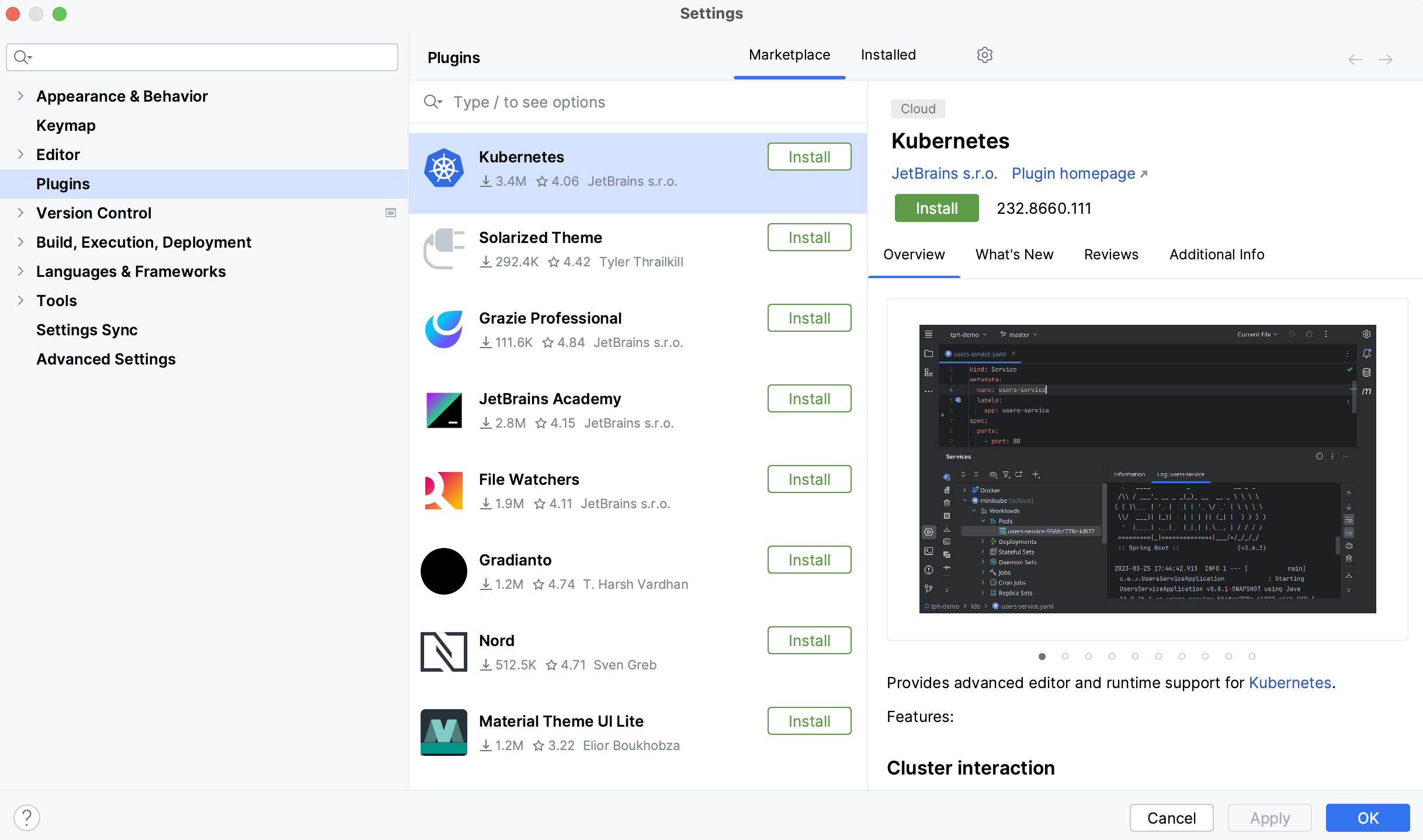 插件设置,Marketplace 选项卡处于活动状态,显示插件列表,包括 Kubernetes 和 Solarized Theme;右侧显示 Kubernetes 详情。 插件设置,Marketplace 选项卡处于活动状态,显示插件列表,包括 Kubernetes 和 Solarized Theme;右侧显示 Kubernetes 详情。