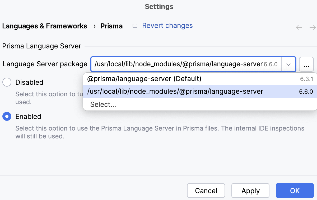 Specify the path to the Prisma Language Server Specify the path to the Prisma Language Server