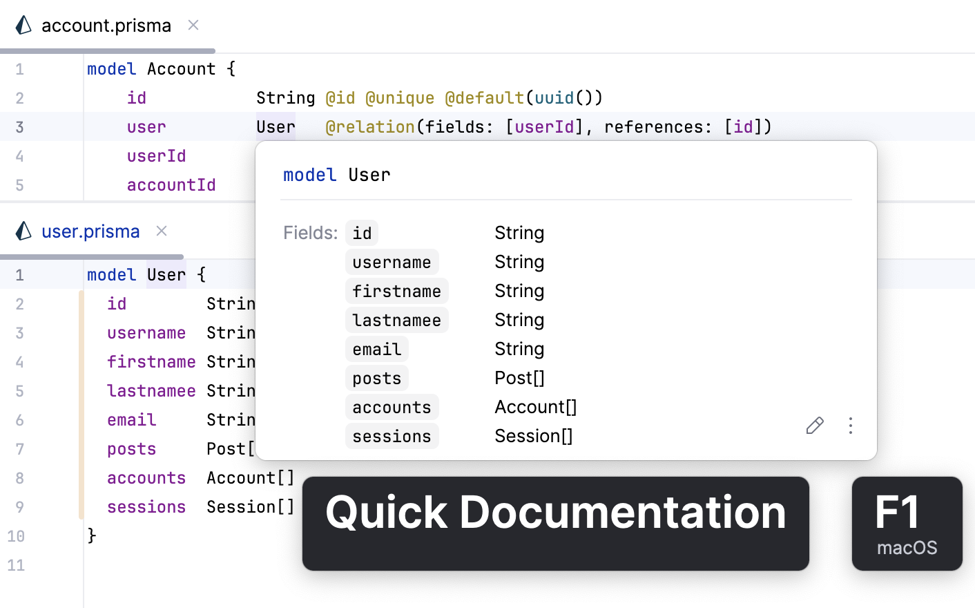 Quick documentation for models specified in other .prisma files Quick documentation for models specified in other .prisma files