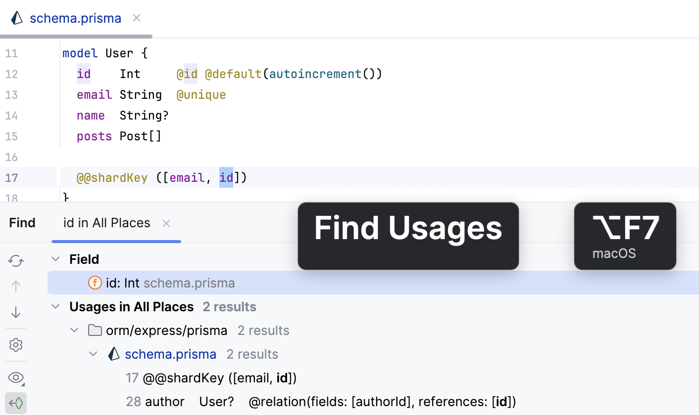 Find usages of fields within @@shardKey block attributes Find usages of fields within @@shardKey block attributes