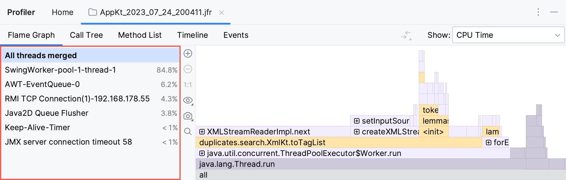 Profiler 工具窗口中的 Threads 面板 Profiler 工具窗口中的 Threads 面板