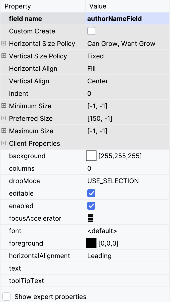 The property inspector section of a form The property inspector section of a form