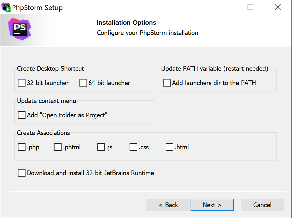 The Installation Options step of the installation wizard The Installation Options step of the installation wizard