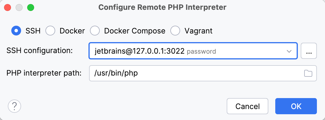 Remote interpreter via SSH dialog Remote interpreter via SSH dialog