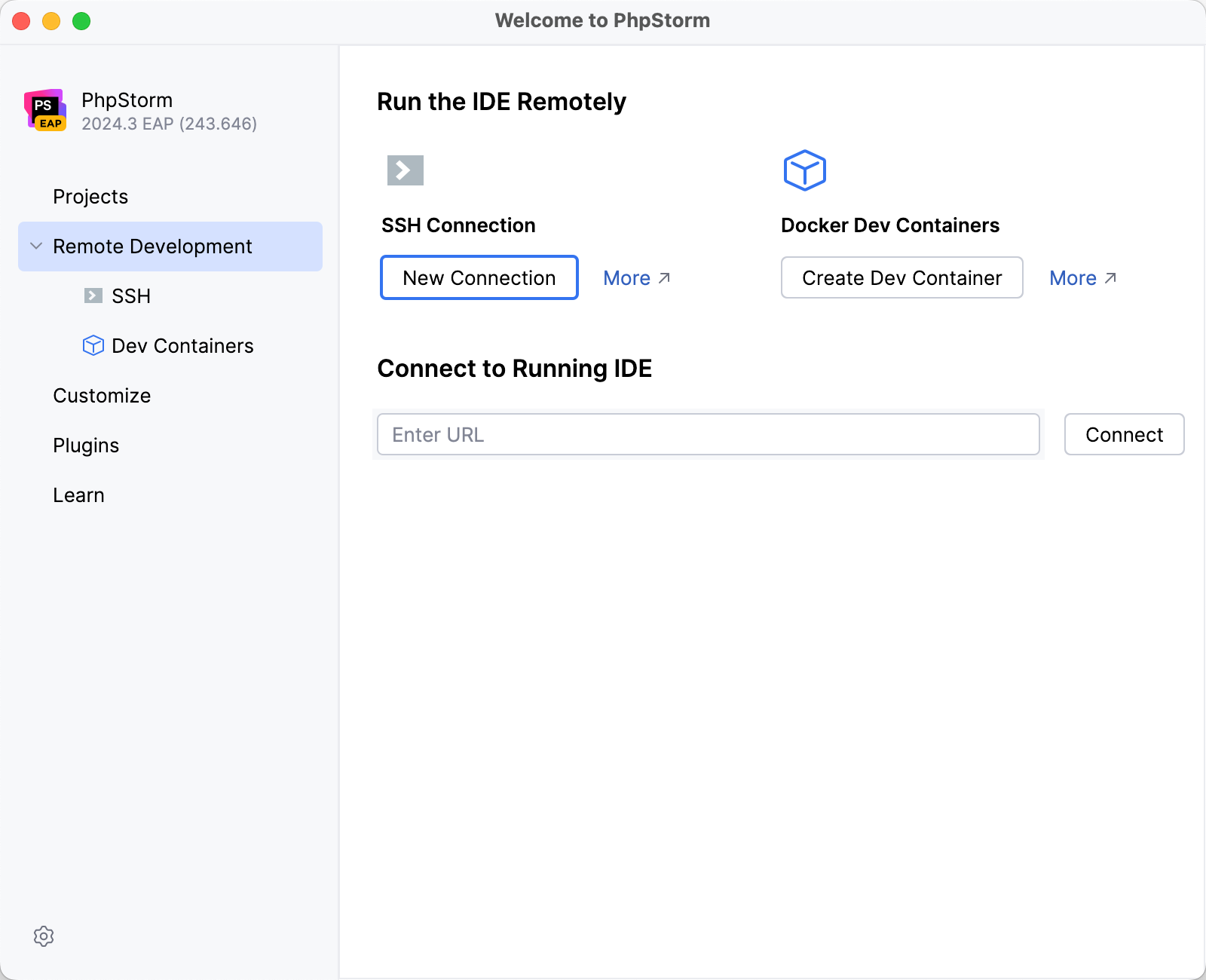 Configuring remote development settings on Welcome screen Configuring remote development settings on Welcome screen
