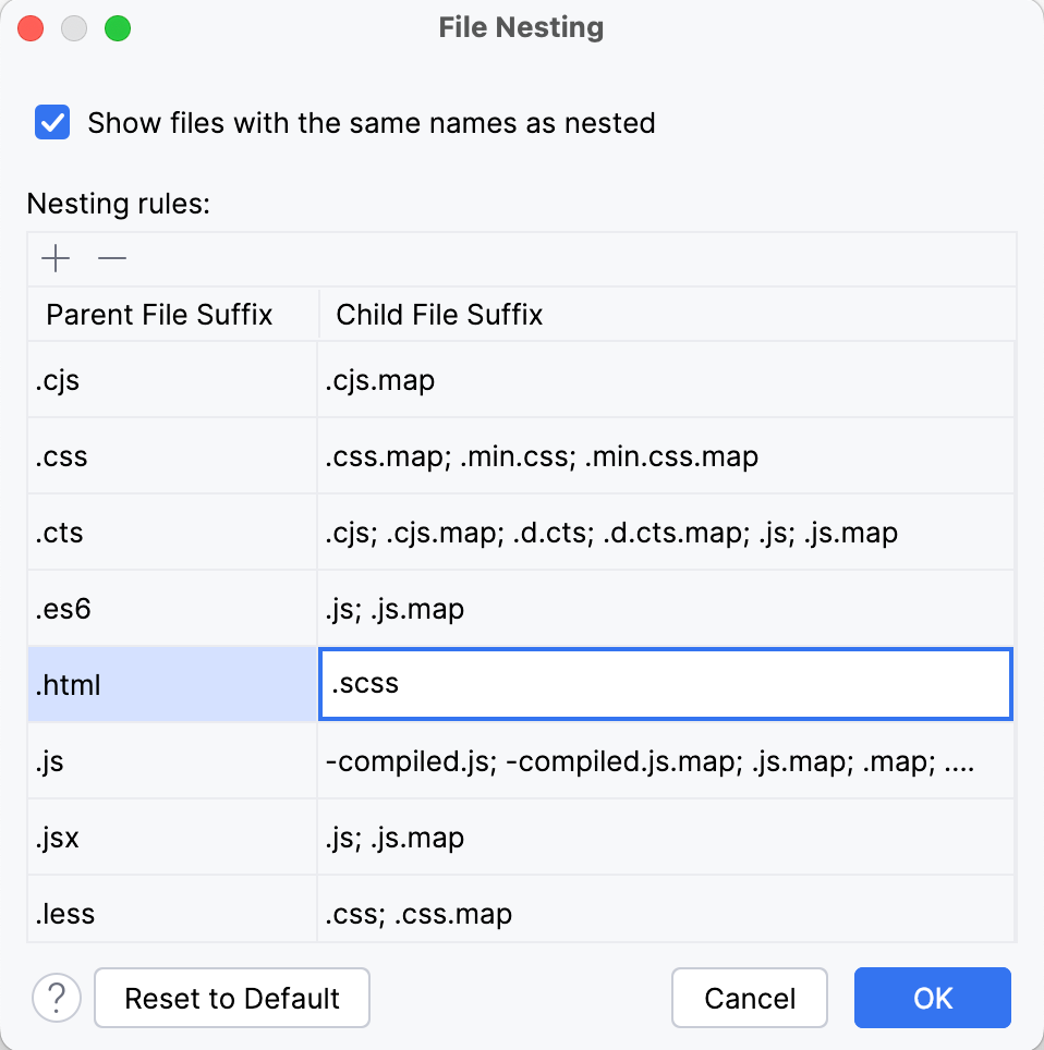 the File Nesting dialog the File Nesting dialog