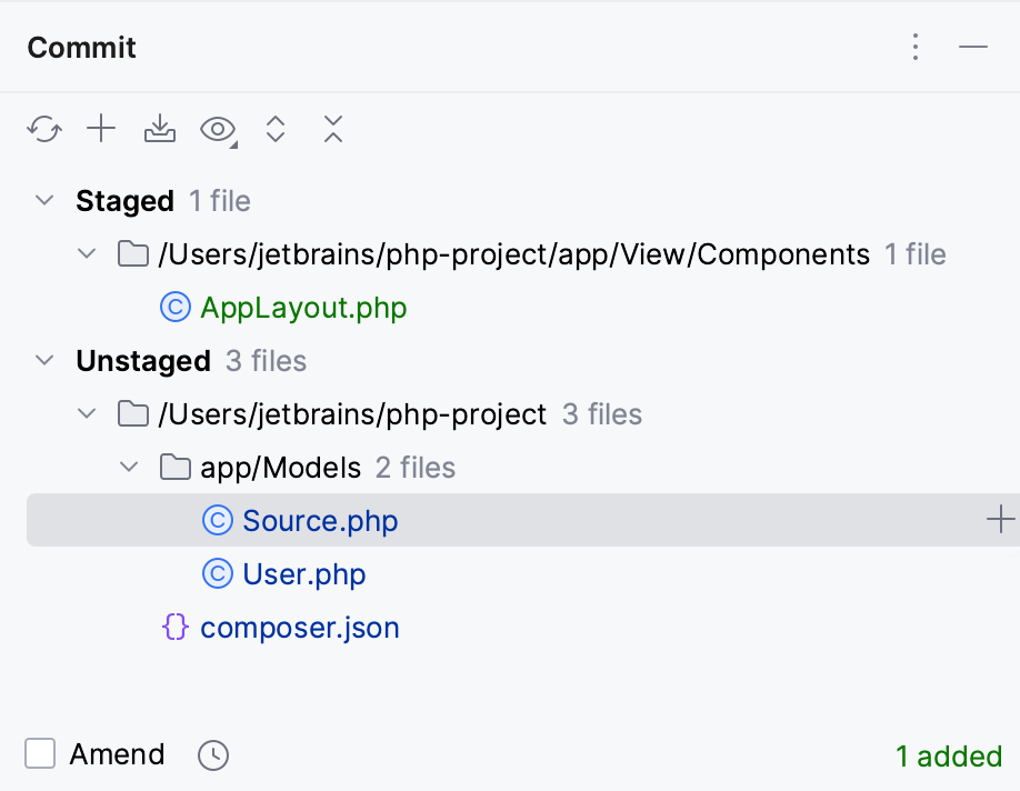 Stage from the Commit tool window Stage from the Commit tool window