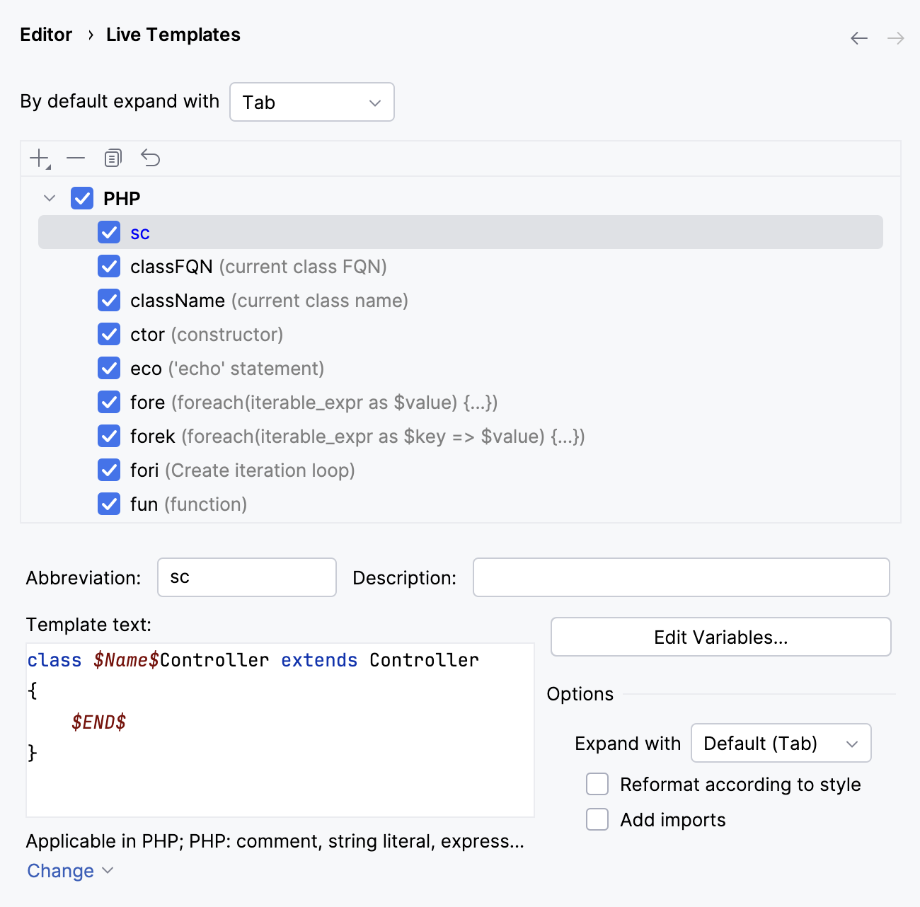 Live template settings page Live template settings page