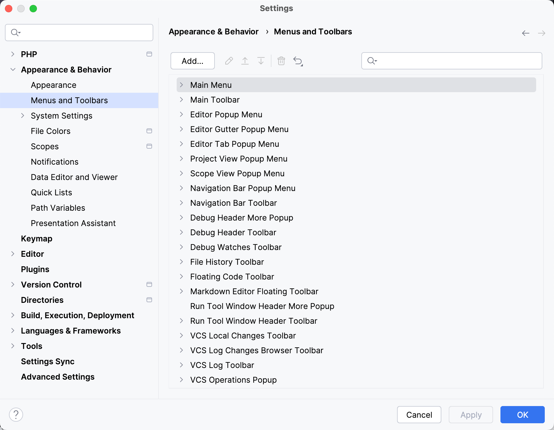 The Menus and Toolbars settings page The Menus and Toolbars settings page