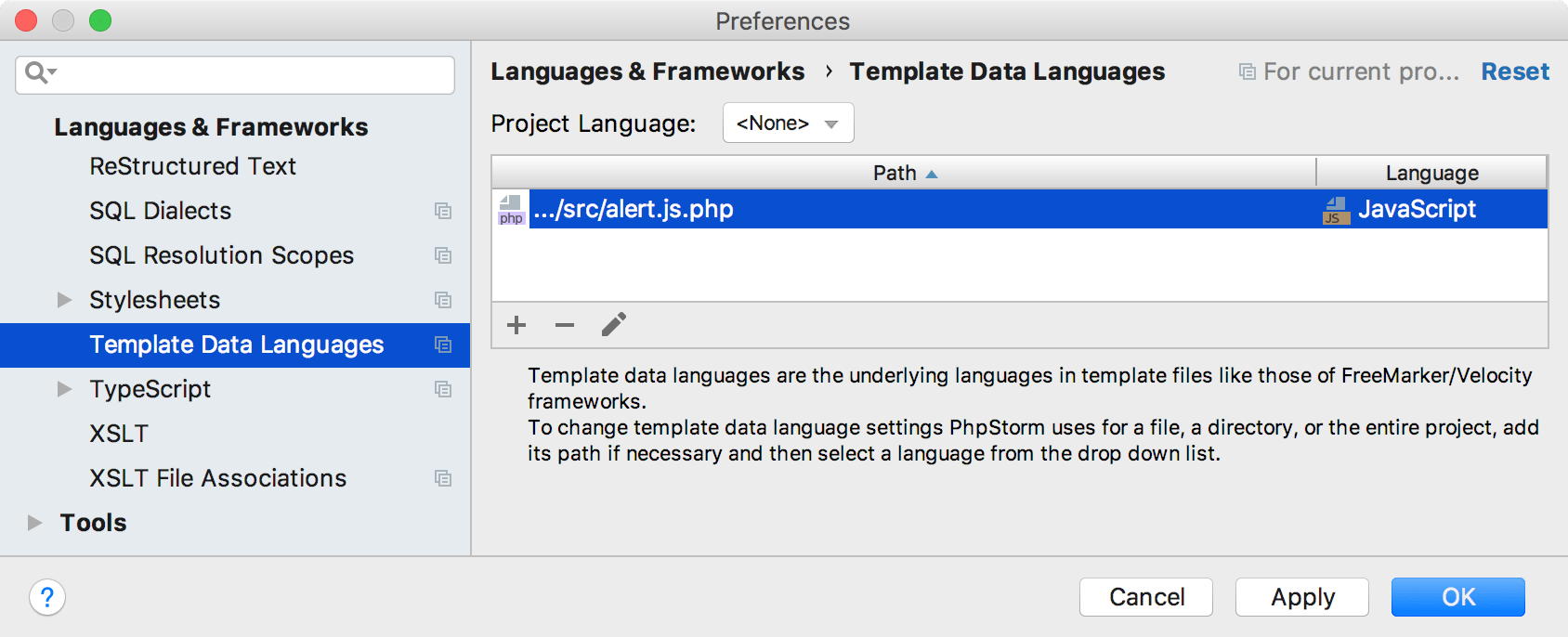Template Data Languages settings page Template Data Languages settings page