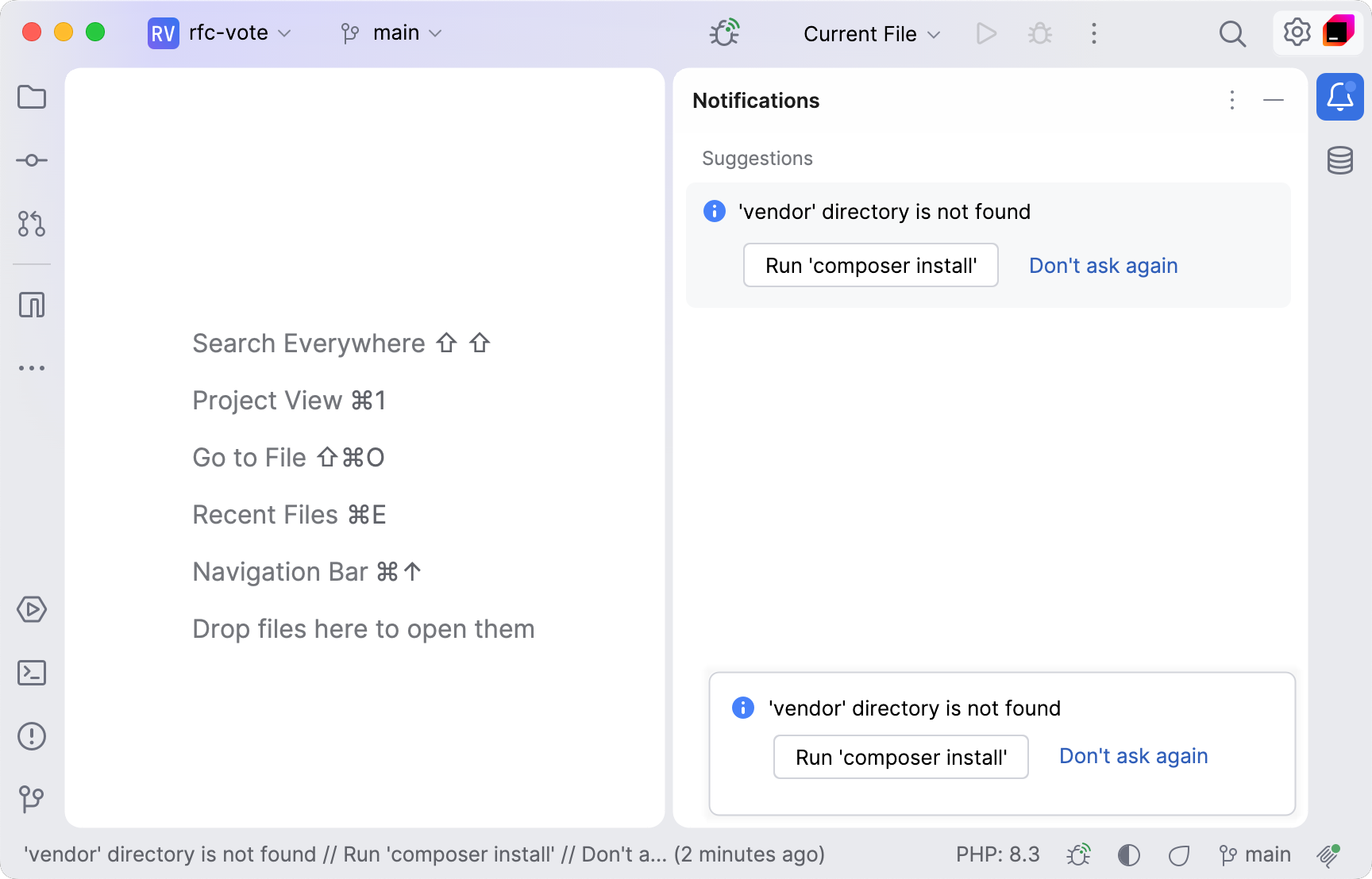 Notification balloon in PhpStorm showing a suggestion to run composer install with the Notifications tool window open Notification balloon in PhpStorm showing a suggestion to run composer install with the Notifications tool window open