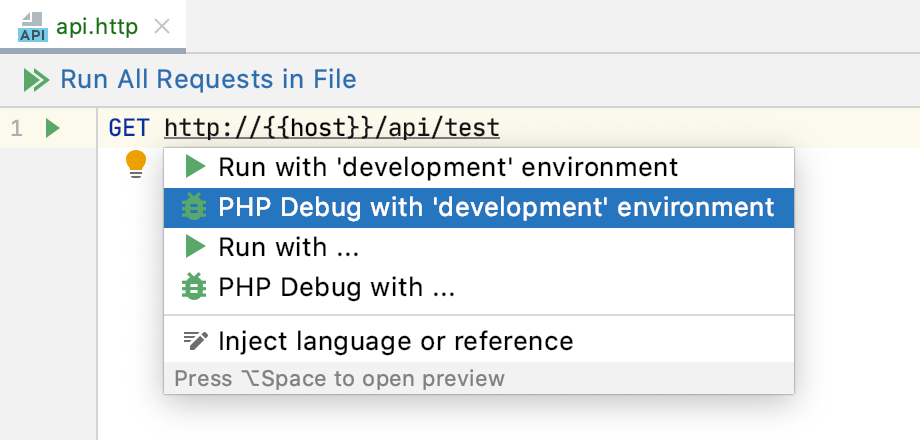 PHP Debug intention action with environment in an HTTP request file PHP Debug intention action with environment in an HTTP request file