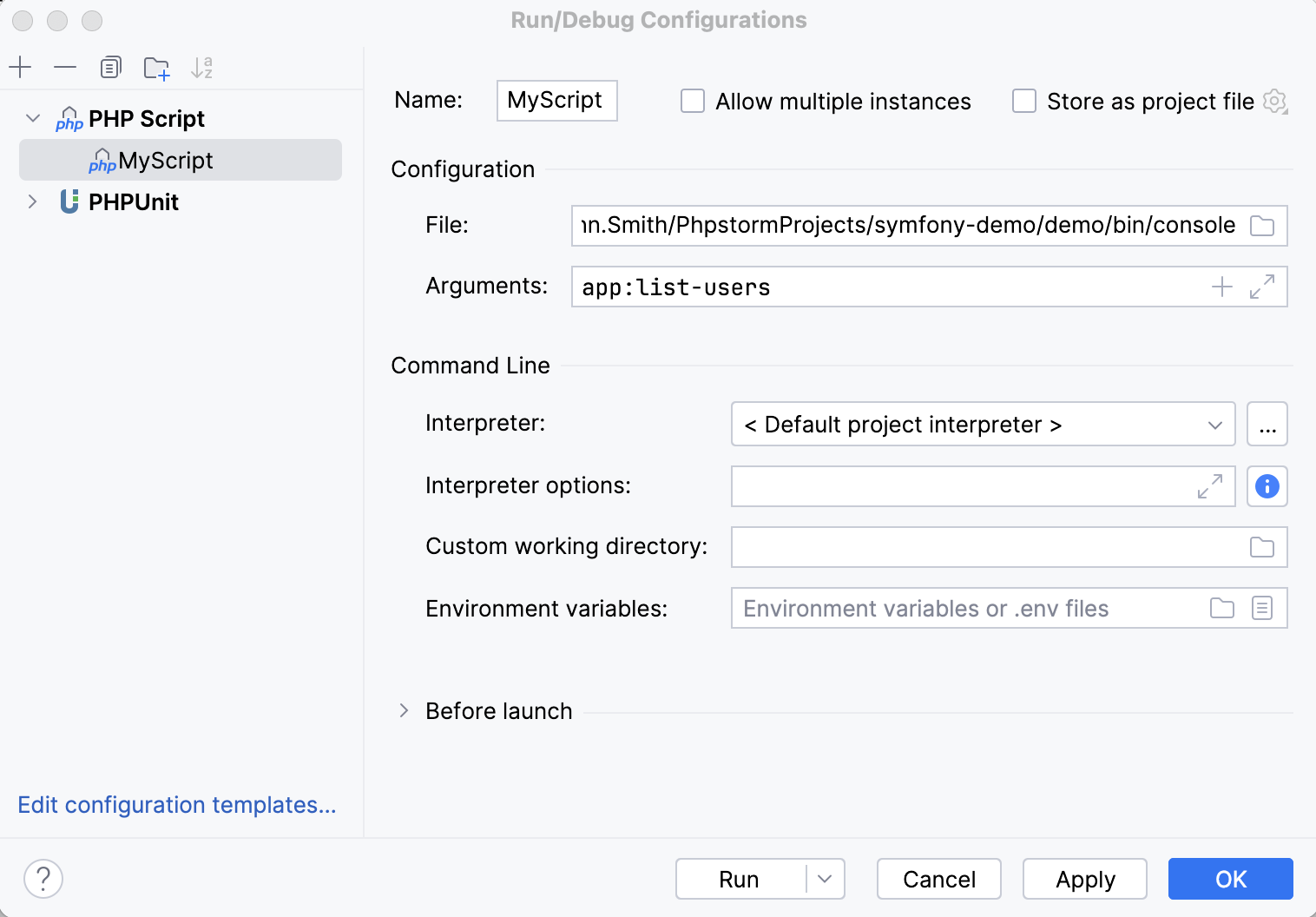 Run/Debug Configurations dialog for Symfony CLI command Run/Debug Configurations dialog for Symfony CLI command