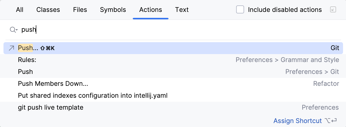Search for push action Search for push action