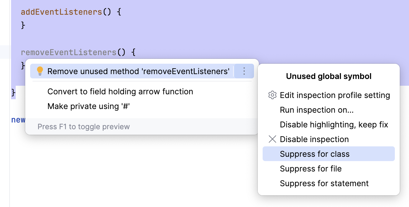 Suppress an inspection in a JavaScript class Suppress an inspection in a JavaScript class