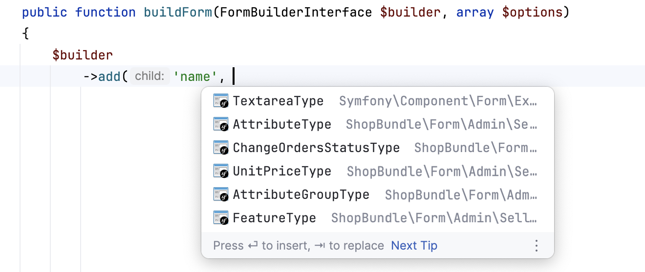 Symfony form builder field name completion Symfony form builder field name completion