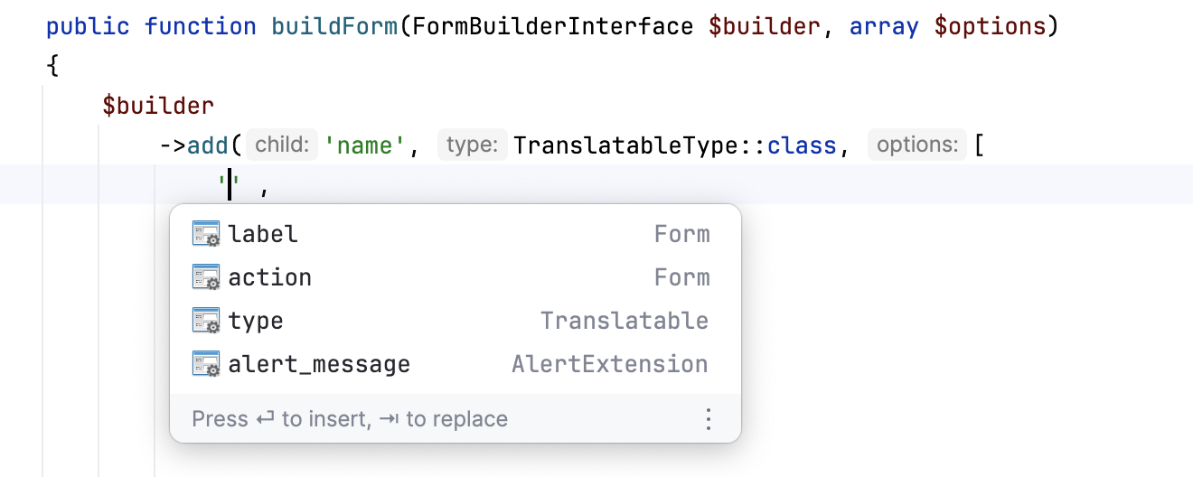 Symfony form builder field parameters completion Symfony form builder field parameters completion