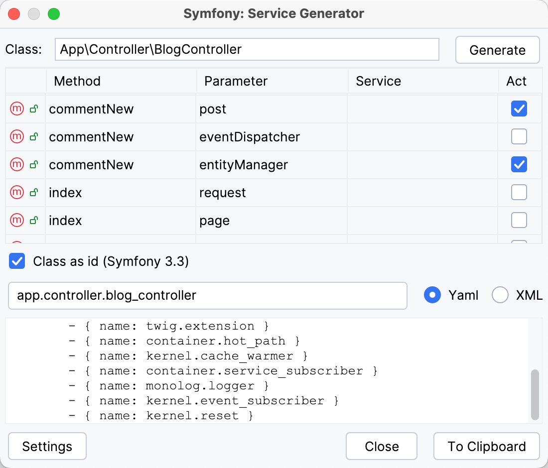 the Symfony Service Generator dialog the Symfony Service Generator dialog